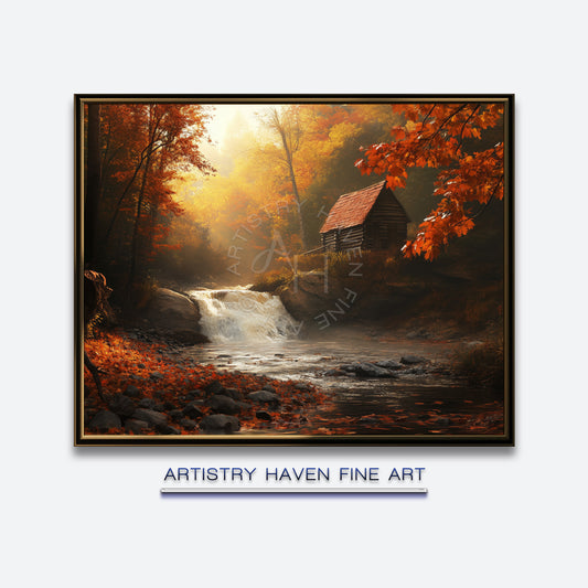 Autumn Cabin Waterfall Print: Cozy Woodland Landscape Art (Digital Download) AL22