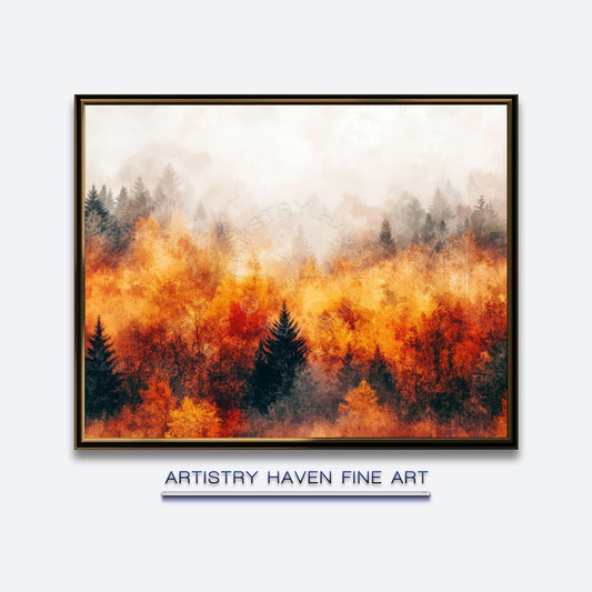 Abstract Fall Forest Print: Misty Autumn Woodland Landscape (Digital Download) AL69
