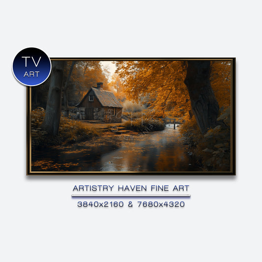 Autumn Cabin Stream Landscape: Cozy TV Art (Printable Digital Download) ATV89