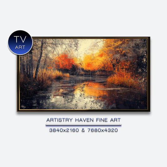 Abstract Autumn River Scene TV Art: Rustic Orange Landscape Print (Digital Download) ATV88