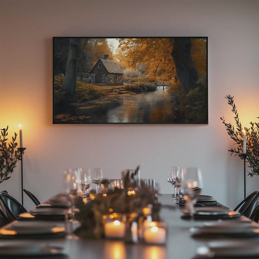 Autumn Cabin Stream Landscape: Cozy TV Art (Printable Digital Download) ATV89