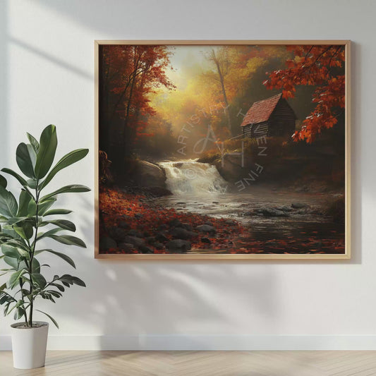 Autumn Cabin Waterfall Print: Cozy Woodland Landscape Art (Digital Download) AL22